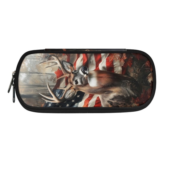 XYZCANDO Deer American Flag Polyester Pencil Pouch Bag Large Capacity Single Pocket Stationery Pouch with Durable, Elementary School Pen Case for Boys Girls