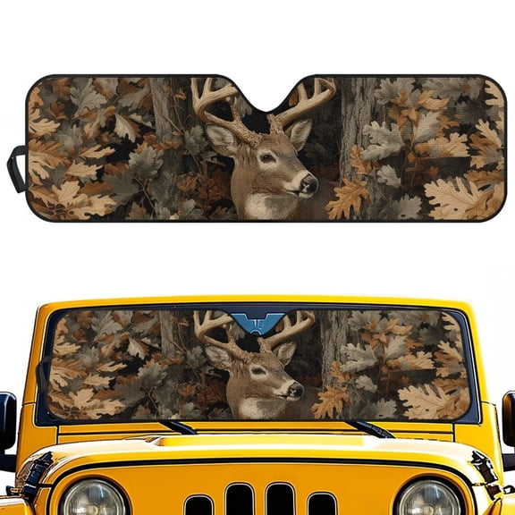 XYZCANDO Deer Windshield Sun Shade Compatible with Jeep Wrangler JK JKU JL JLU 1997-2023 & Jeep Gladiator JT 2020-2023 Camo Forest Front Window Sun Shade Sun Visor Protector