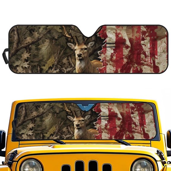 XYZCANDO Deer Windshield Sun Shade Compatible with Jeep Wrangler JK JKU JL JLU 1997-2023 & Jeep Gladiator JT 2020-2023 Forest Front Window Sun Shade Sun Visor Protector