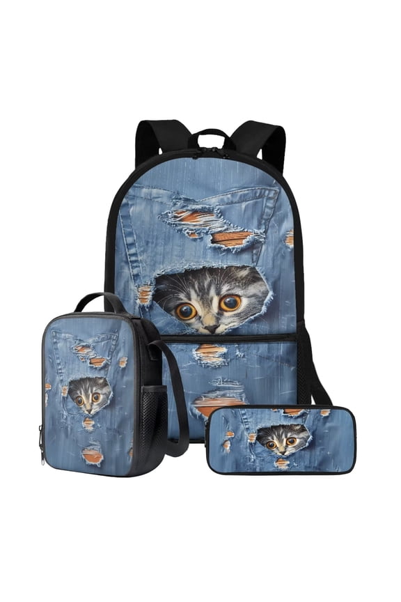 Denim Texture Cat Print School Backpack Set 17 Inch Book Bag Portable Bookbag 3 Pack Travel Backpacks Lunch Bag Pencil Case for Elementary Student Primary School Knapsack