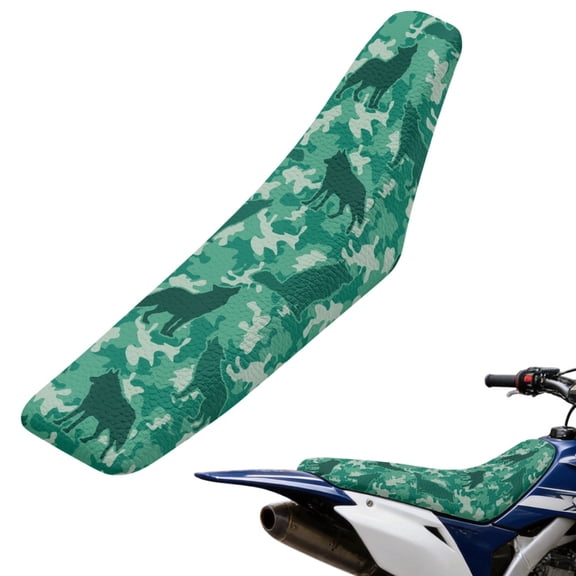 XYZCANDO Dirt Bike Seat Cover with Green Camo Wolf Pattern, Durable PU Protector for Off Road Motocross Racing and Enduro Riding