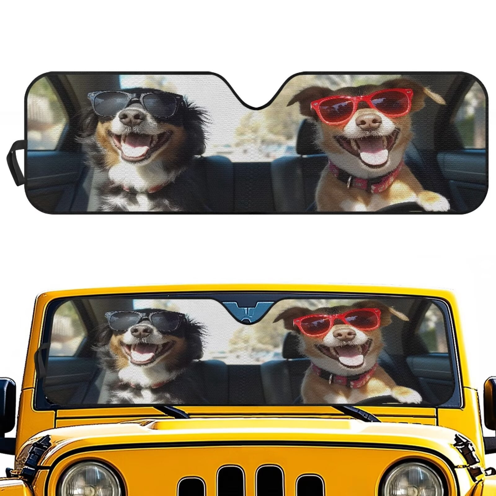 XYZCANDO Dogs Windshield Sun Shade Compatible with Jeep JK JKU JL JLU 1997-2023 Polyester Fully Covered Foldable Front Sunshade Keep Your Vehicle Cool Shade Heat Shield