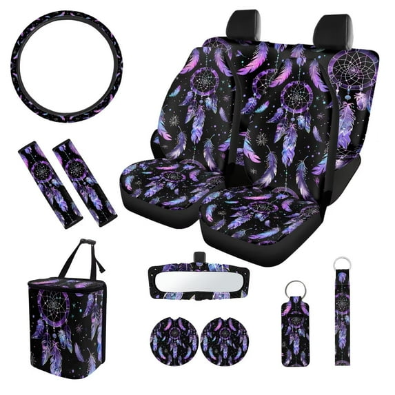 XYZCANDO Dreamcatcher Print Car Seat Cover Steering Wheel Cover Car Trash Can Seat Belt Cover Keychain Lipstick Cover Center Mirror Cover Coasters Auto Interior Protector Personalized