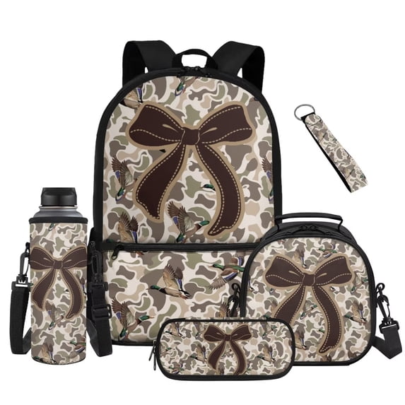 XYZCANDO Duck Camo Bow 5Pcs School Backpack Set with Portable Lunch Bag Multifunctional Pencil Case Water Bottle Bag Holder Lanyard Keychain for Elementary Middle High School