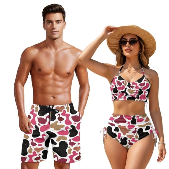 XYZCANDO Duck Camo Pink Couple Matching Beachwear Set Swim Trunks & Two Piece Tummy Control Bikini Matching Outfit for Honeymoon Beach Vacation Pool Party Summer His and Hers Swimwear Set