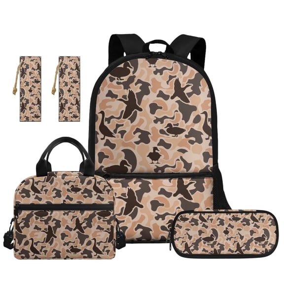 XYZCANDO Duck Camouflage Kids Backpack Set of 5 with Portable Lunch Box Multifunctional Pencil Case 2Pcs Bookmark Camo Bookbag for Elementary Middle School