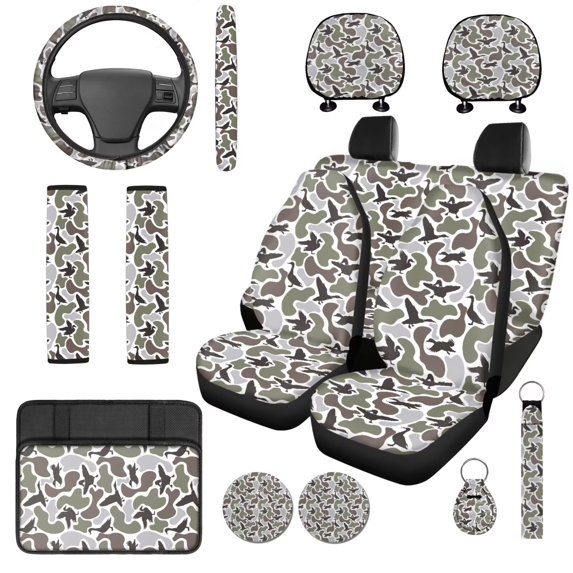 XYZCANDO Duck Hunting 14 Pack Car Seat Covers Full Set Steering Wheel Cover Auto Center Console Pad Seat Belt Pads Headrest Covers Cup Coasters for Most Cars SUVs Sedans