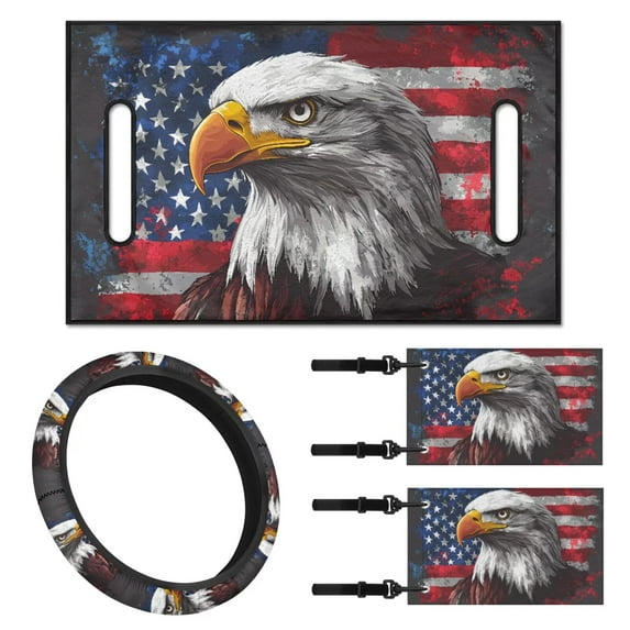 XYZCANDO Eagle American Flag 4pcs Golf Cart Seat Covers USA Flag Golf Cart Steering Wheel Covers Golf Cart Flags Easy to Install Golf Cart Seat Towel Steering Wheel Wrap Small Flag Black