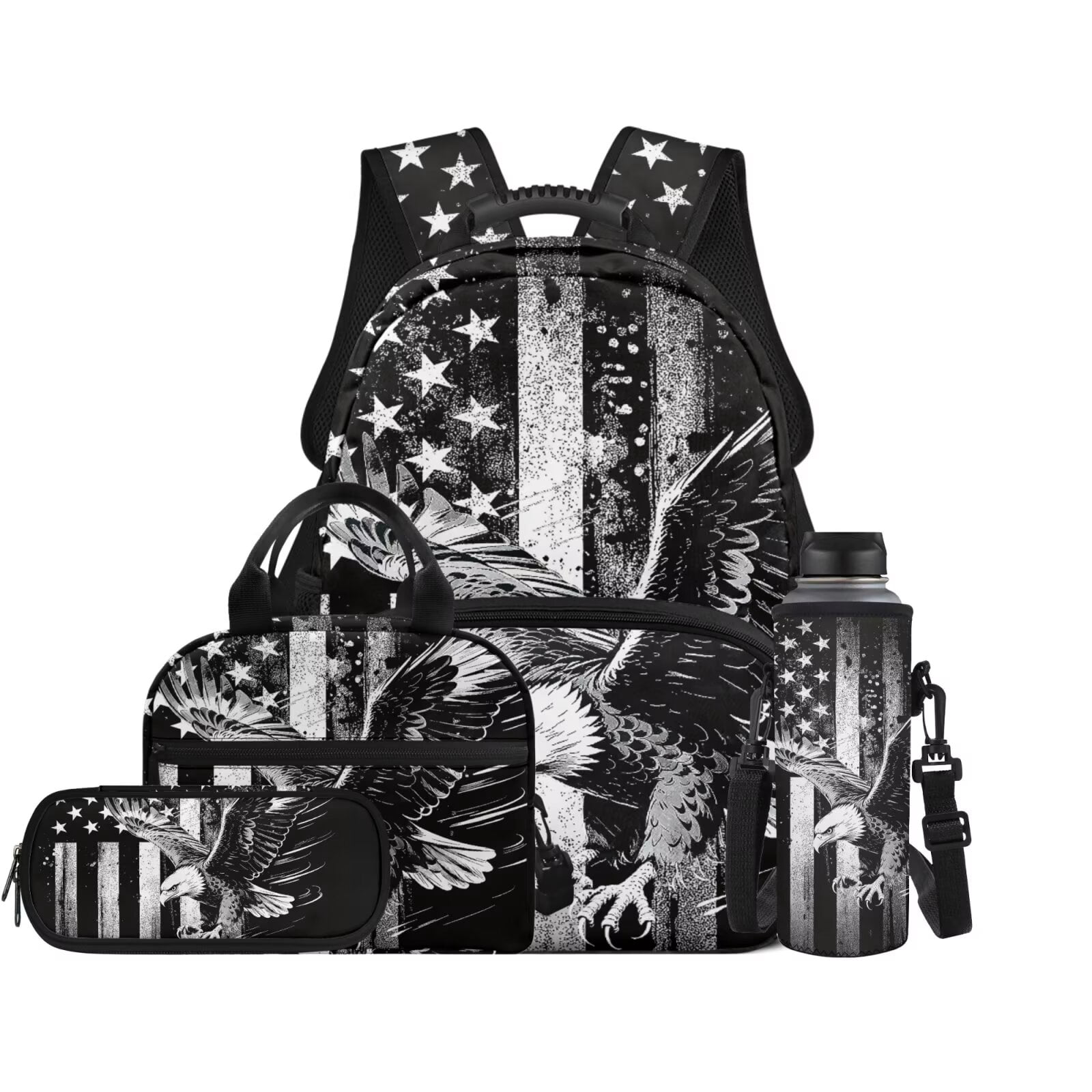 XYZCANDO Eagle Flag 4Pcs Kids Backpack for Boys with Portable Lunch Bag Multifunctional Pencil Case Water Bottle Bag Suitable Cool Bookbags for Toddler Kids