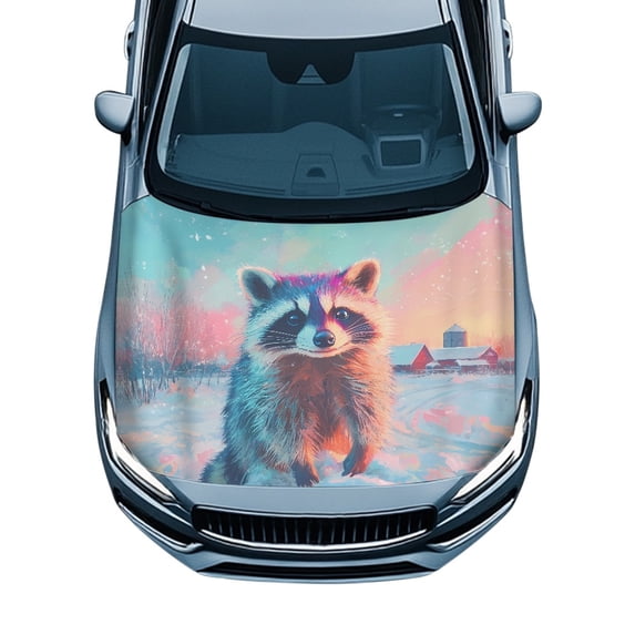 XYZCANDO Easy Clean Car Hood Cover, Rainbow Raccoon Winter Print Swimsuit Fabric Hood Covers for Cars, Weatherproof Car Hood Cover Protector