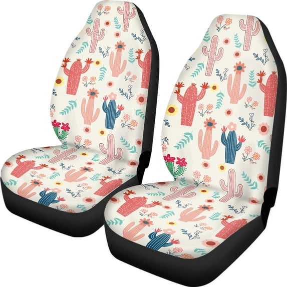 XYZCANDO Easy to Install Car Seat Covers Auto Van Vehicle, Stretchy Fabric All-Season Front Seats Covers 2pc Polyester Cactus Flower Pattern