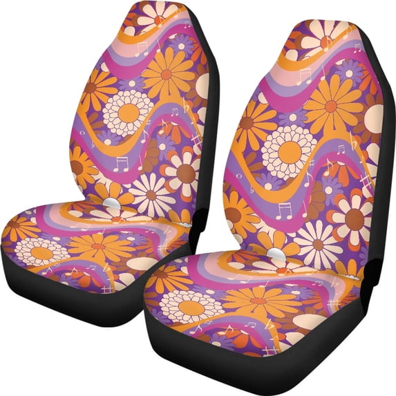 XYZCANDO Elastic Car Seat Covers Van SUV Truck, Breathable Thick Vehicle Seat Protector 2pcs Stretchy Cloth Daisy Musical Note