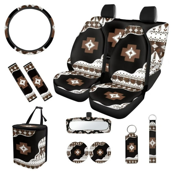 XYZCANDO Ethnic Print Seat Belt Cover Car Seat Cover Keychain Lipstick Cover Car Trash Can Steering Wheel Cover Center Mirror Cover Coasters Personalized Easy Installation for Most Cars