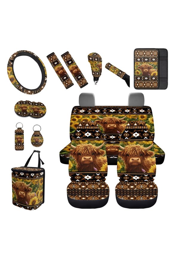 Ethnic Sunflower Cow Seat Belt Cover Armrest Cover Steering Wheel Cover Cushion Cover Trash Can Car Coasters Handbrake Cover Lipstick Cover Keychain Fender Cover Car Interior Decor