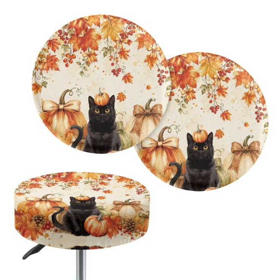 XYZCANDO Fall Black Cat Pumpkin Round Bar Stool Seat Covers 2 Pack,Stretch Washable Anti-Slip Stool Seat Protector for Kitchen Dining Room Cafe Thanksgiving Decor