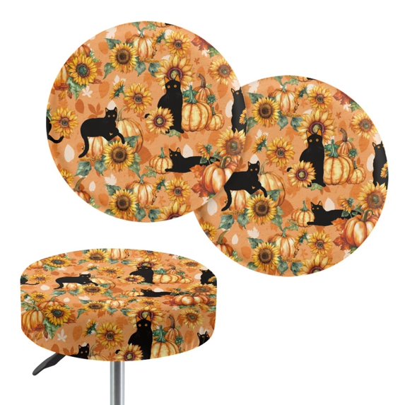 XYZCANDO Fall Pumpkin Black Cat Sunflower Print Stretch Round Bar Stool Covers, 2 Pack Washable Anti-Slip Soft Barstool Seat Slipcovers for Kitchen Bistro Cafe Halloween