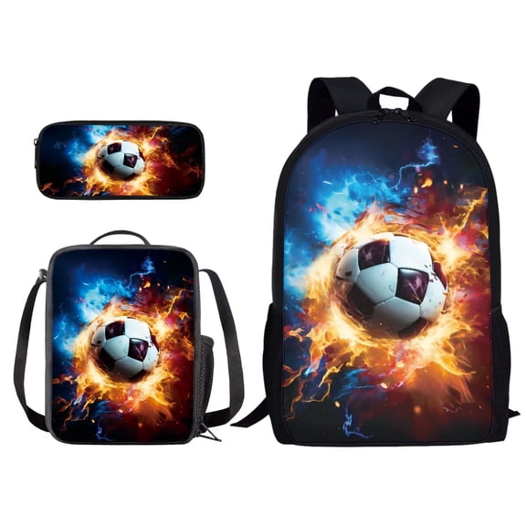 XYZCANDO Fashion Backpack Set for Student Vintage Fire Soccer Print School Bag with Lunch Bag and Pencil Box, 17 Inch Travel Laptop Bag Rucksack Daypack with Side Pocket for Outdoor