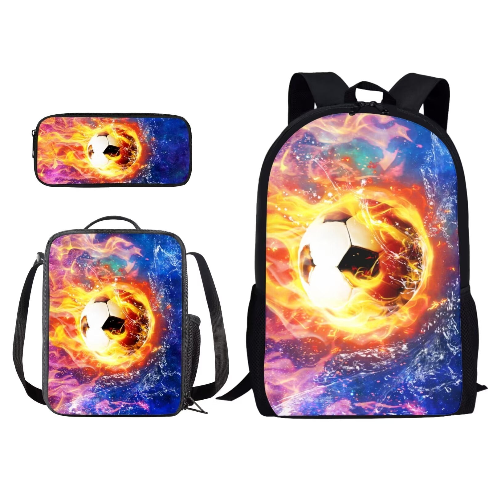 XYZCANDO Fire Soccer Splatter Water Print School Bag Set for Boys Girls, 17 Inch Backpack with Lunch Bag and Pencil Box Washable Rucksack Daypack with Side Pocket for Outdoor Hiking