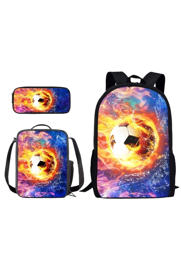 Fire Soccer Splatter Water Print School Bag Set for Boys Girls, 17 Inch Backpack with Lunch Bag and Pencil Box Washable Rucksack Daypack with Side Pocket for Outdoor Hiking