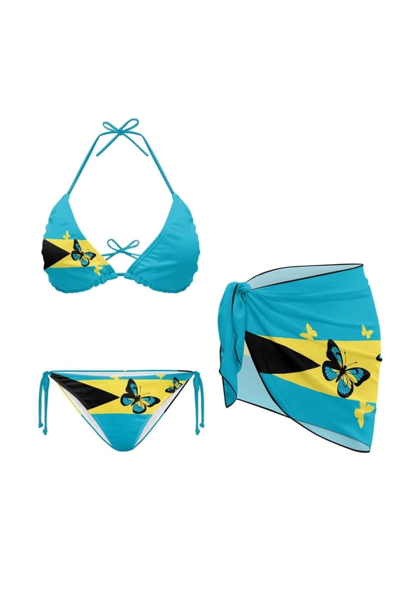 Flag of the Bahamas Women's Bikini Swimsuits Halter String Triangle Bikini Sexy Swimwear Cute Bathing Suits with Chiffon Coverup Summer Beach Wrap Skirt Sheer for Swimsuit