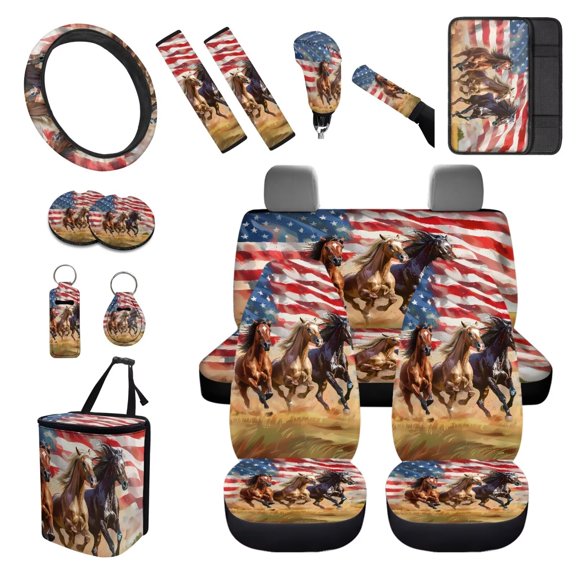 XYZCANDO Flag Horse Print Car Coasters Trash Can Lipstick Cover Handbrake Cover Fender Cover Keychain Seat Belt Cover Armrest Cover Steering Wheel Cover Car Cushion Cover Fashion