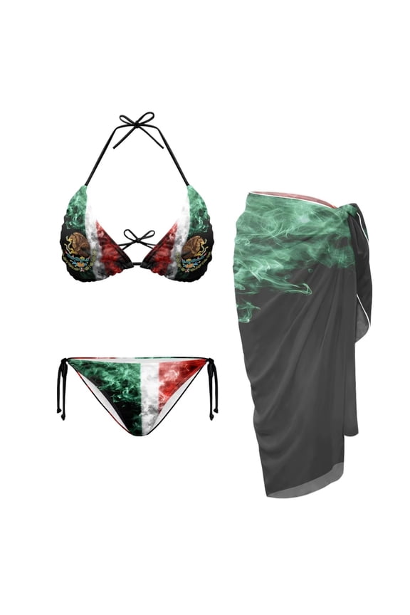 Flag of Mexico Women's Bikini Sets Sexy Swimsuit High Waisted V Neck String Tie Bikini Adjustable 3 Piece Straps Bathing Suit Beach Chiffon Cover Up for Swimwear Hawaiian Accessories