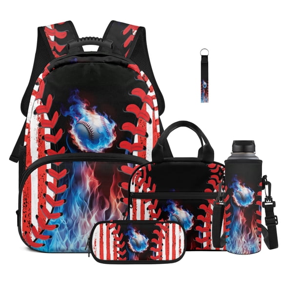 XYZCANDO Flaming Baseball Stitches 5 Pcs Set Kids Backpack Set with Key Lanyard Lunch Box Pencil Case Water Bottle Carrier with Anti-Scratch Kids School Bag