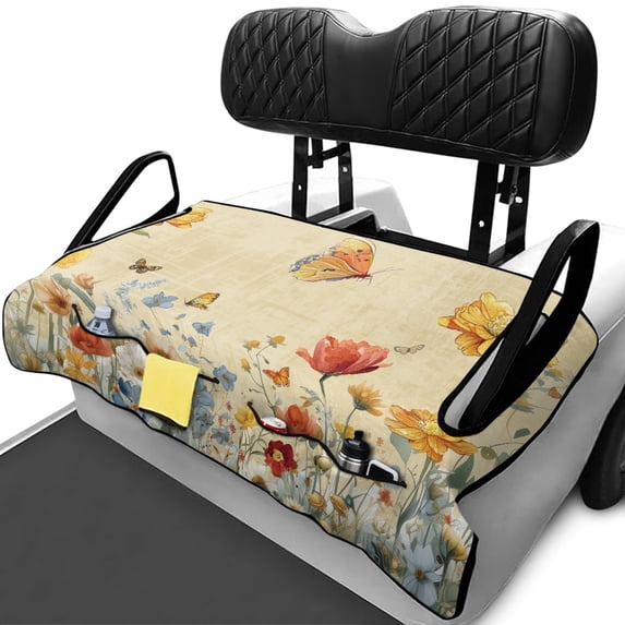 XYZCANDO Floral Butterfly Golf Cart Seat Cover With 4 Storage Pockets - Universal Non-Slip Washable Towel Protector for 2-Seat Golf Carts