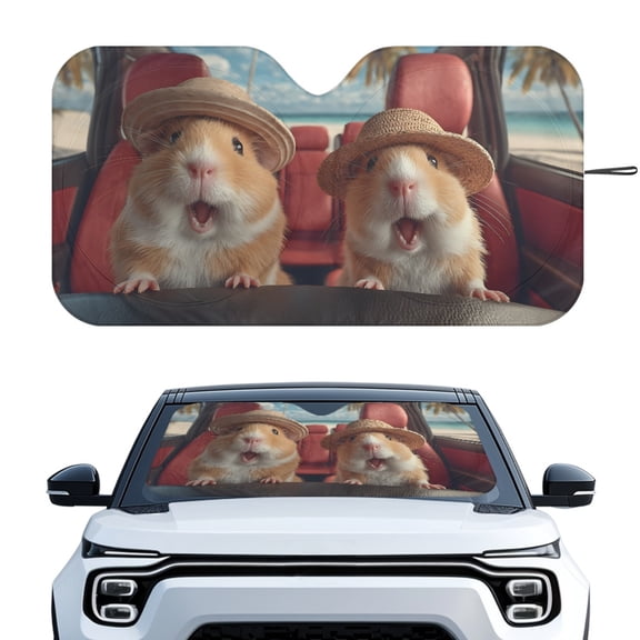 XYZCANDO Foldable Sunshade with Cute Guinea Pigs Driving, Windshield Sun Shade for Front Window, Keeps Vehicle Cool for Summer Road Trips