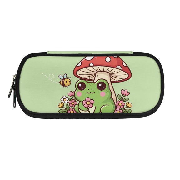 XYZCANDO Frog and Mushroom Pattern Polyester Pencil Bag with Smooth Zipper Large Capacity Pencil Case, Durable Stationery Bag for Office School Classroom