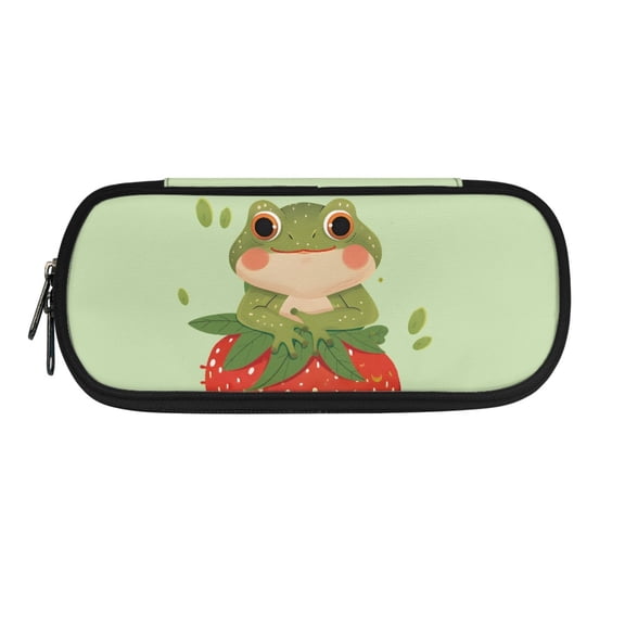 XYZCANDO Frog Strawberry Pattern Polyester Pouch for Boys Girls, Zipper Pencil Pouch Kindergarten Elementary School with Large Capacity Light Pen Bag