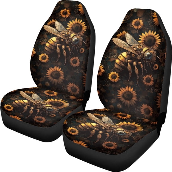 XYZCANDO Front Seats Covers 2 pcs Car Seat Covers Car Seat Cover Set Thin Easy to Install Truck SUV, Mechanical Bee Sunflower Design