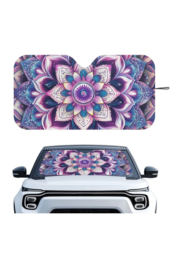 Front Windshield Sun Shade with Purple Mandala Design, Car Windshield Sun Shade for Most Cars and Trucks, Silver Reflective Polyester Accessory