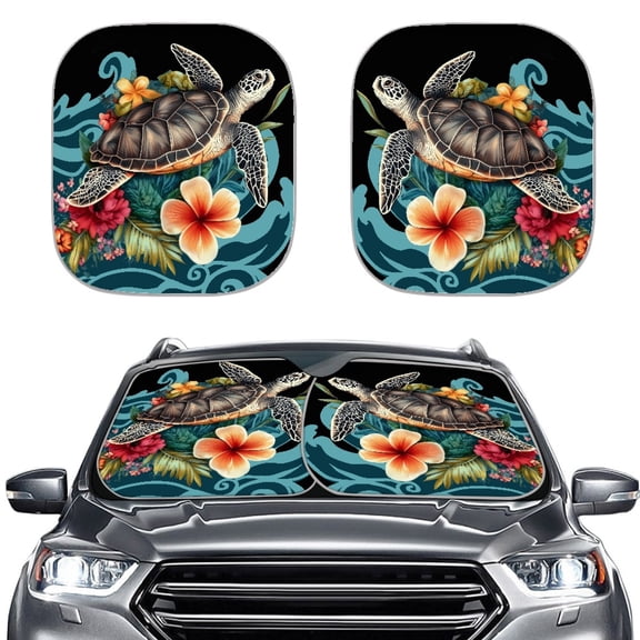 XYZCANDO Front Windshield Sun Shade with Tropical Turtle Floral Design, Universal Car Windshield Sun Shade for Blocking Heat and Protecting Car Interiors