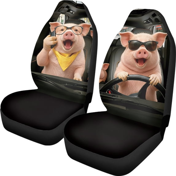 XYZCANDO Funny Front Car Seat Covers featuring Cute Driving Pig Print - Durable Breathable Waterproof Set of 2 for All Vehicles