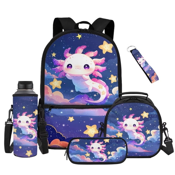 XYZCANDO Galaxy Axolotl 5Pcs Kids Backpack Set with Lunch Box Multifunctional Pencil Case Water Bottle Bag Carrier Wristlet Keychain for Elementary Middle High School