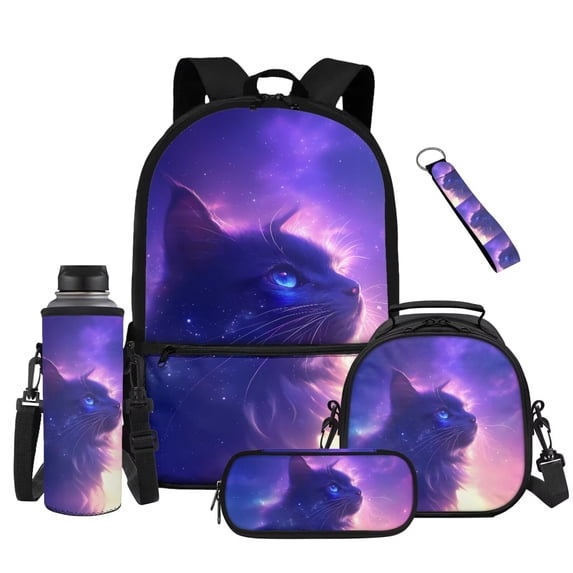 XYZCANDO Galaxy Black Cat 5Pcs School Backpack Set with Portable Lunch Bag Multifunctional Pencil Case Water Bottle Bag Carrier Lanyard Keychain for Elementary Middle School