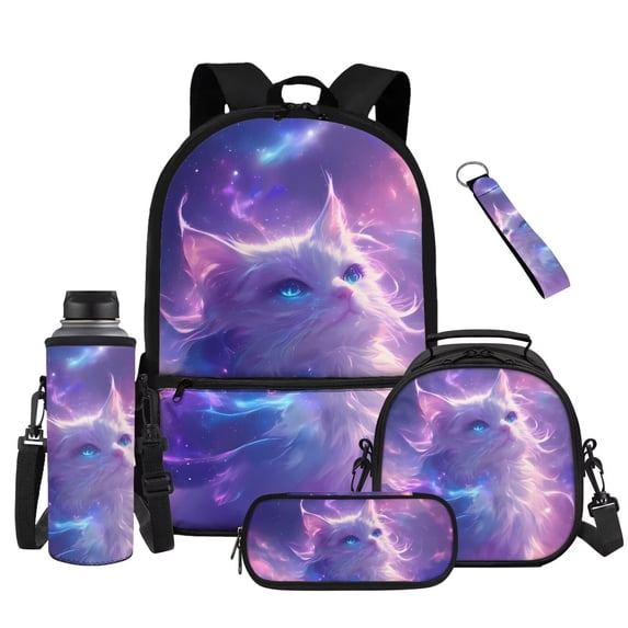 XYZCANDO Galaxy White Cat 5 Piece Kids Backpack Set with Lunch Box Multifunctional Pencil Case Water Bottle Bag Holder Wristlet Keychain for Elementary Middle High School