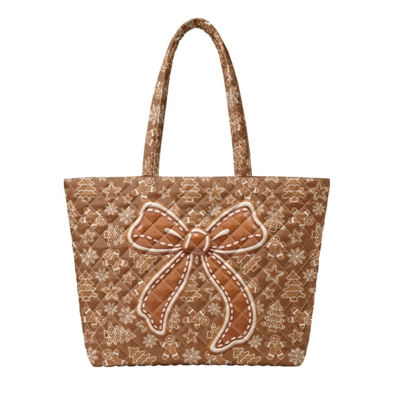 XYZCANDO Gingerbread Bow Quilted Shoulder Tote Bag Large Christmas Themed Winter Holiday Daily Use Bag Reusable Lightweight for Work Travel Gift for Women