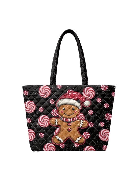 Gingerbread Man Quilted Shoulder Tote Bag Large Capacity Lightweight Carryall Purse for Christmas Shopping Work Travel Daily Use