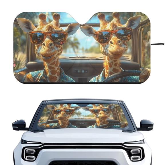 XYZCANDO Giraffe Car Windshield Sunshades Sunshade Sun Visor for UV Rays & Heat Protection Polyester Fully Covered Foldable Front Sunshade Universal Fit for Most Cars,SUV,Sedan
