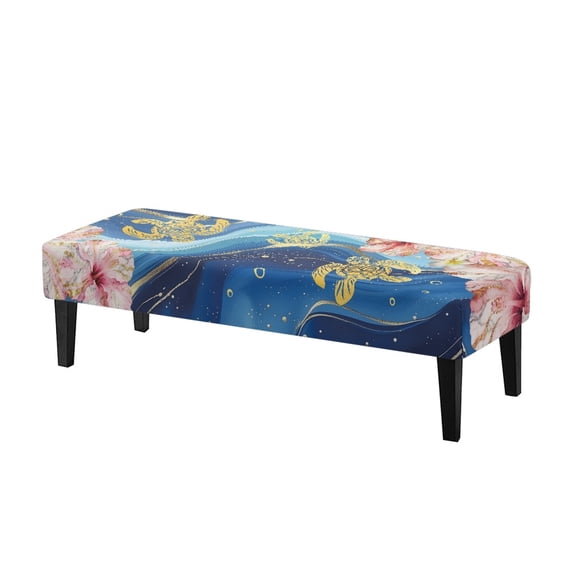 XYZCANDO Golden Turtle Floral Marble Bench Seat Cover, Easy Clean Long Chair Cover High Elastic Polyester Spandex Long Bench Seat Slipcover for Living Room