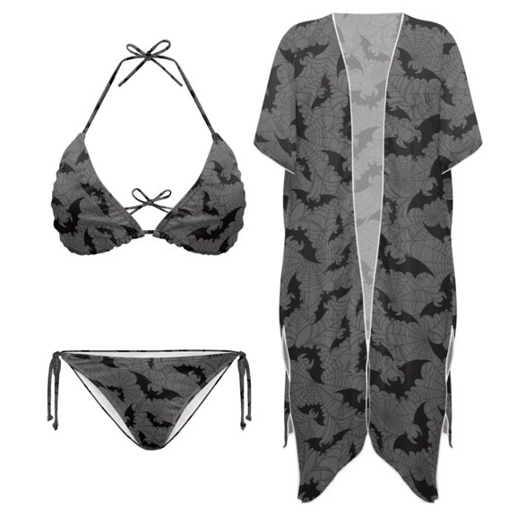 XYZCANDO Goth Bat Women's Triangle Bikini String Bikini Set Plus Size Swimsuit Sexy Bathing Suits Cheeky Swimwear with Beach Cover Ups Cardigan Flowy Robe Cover Up Summer Clothes