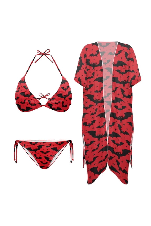 Gothic Bat Bikini Sets for Women 3 Piece Swimsuit Halter Triangle String Bikini Tie Side Bottom Cheeky Swimwear with Wrap Skirt Sheer Beach Coverup Shawl Loose Swimwear Cardigans