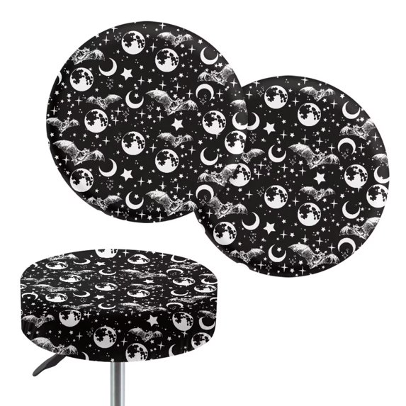 XYZCANDO Gothic Moon Bat Print 2 Pack Round Bar Stool Seat Covers, Stretch Washable Anti-Slip Dustproof Stool Cushion Slipcovers for Kitchen Dining Bar Halloween Decor
