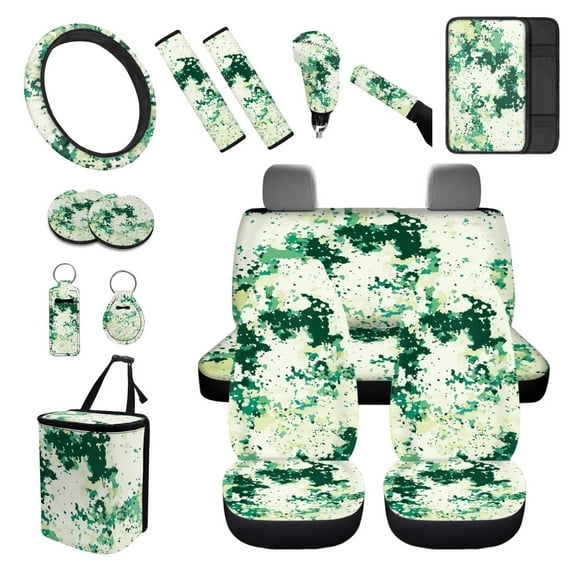 XYZCANDO Green Camouflage Trash Can Lipstick Cover Handbrake Cover Fender Cover Keychain Seat Belt Cover Steering Wheel Cover Armrest Cover Car Cushion Cover Car Coasters Washable