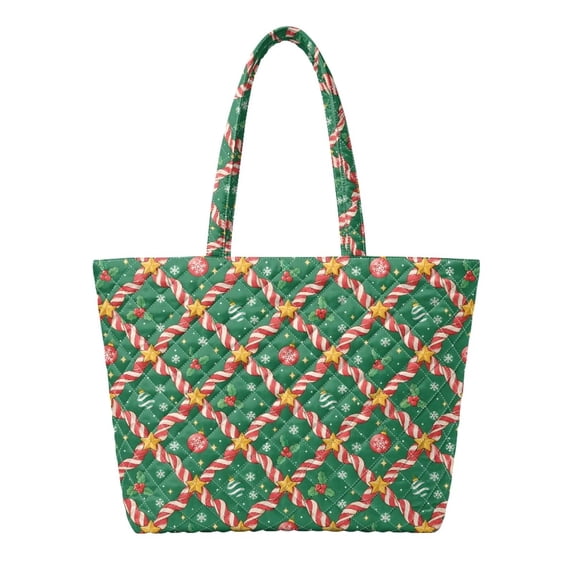 XYZCANDO Green Christmas Themed Padded Shoulder Tote Bag Large Capacity Quilted Daily Handbag for Holiday Shopping Travel Work Cute Candy Cane Star Pattern Women's