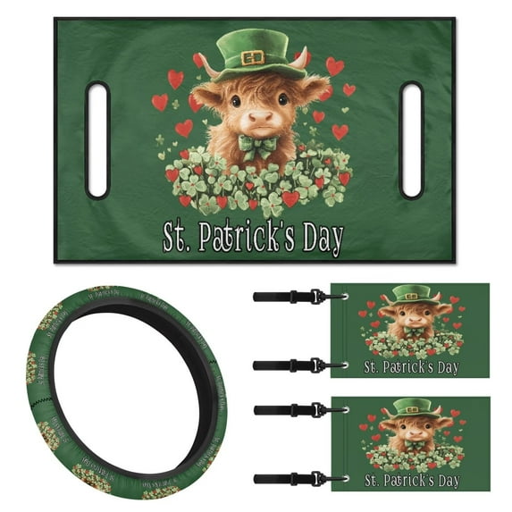 XYZCANDO Green Hat Cow 4 Piece Golf Cart Seat Covers Clover Love Golf Cart Steering Wheel Covers Golf Cart Flags St. Patrick's Day Golf Cart Decor Steering Wheel Protector Golf Cart Banner Green