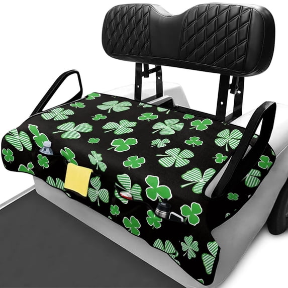 XYZCANDO Green Shamrock 2 Passenger Golf Cart Seat Cover | Non-Slip Washable Terry Cloth with 4 Storage Pockets | Fits EZGO Club Car Yamaha