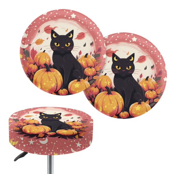 XYZCANDO Halloween Black Cat Pumpkin Print Round Bar Stool Seat Covers 2 Pack, Stretch Washable Stool Cushion Slipcovers for Kitchen Dining Cafe High Chair Seat
